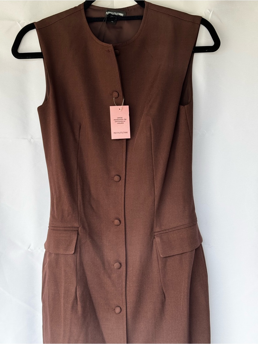 PrettyLittleThing Brown Sleeveless Button-Front Shift Dress